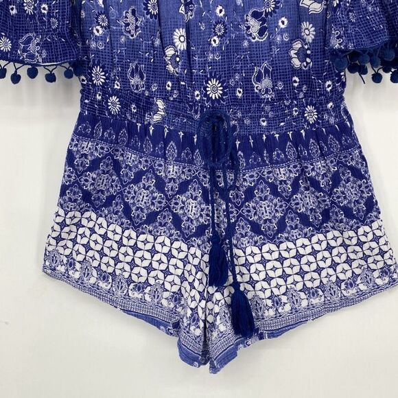 Anthropologie RAGA Off Shoulder‎ Boho Pompom Romper Blue XS - Picture 5 of 13